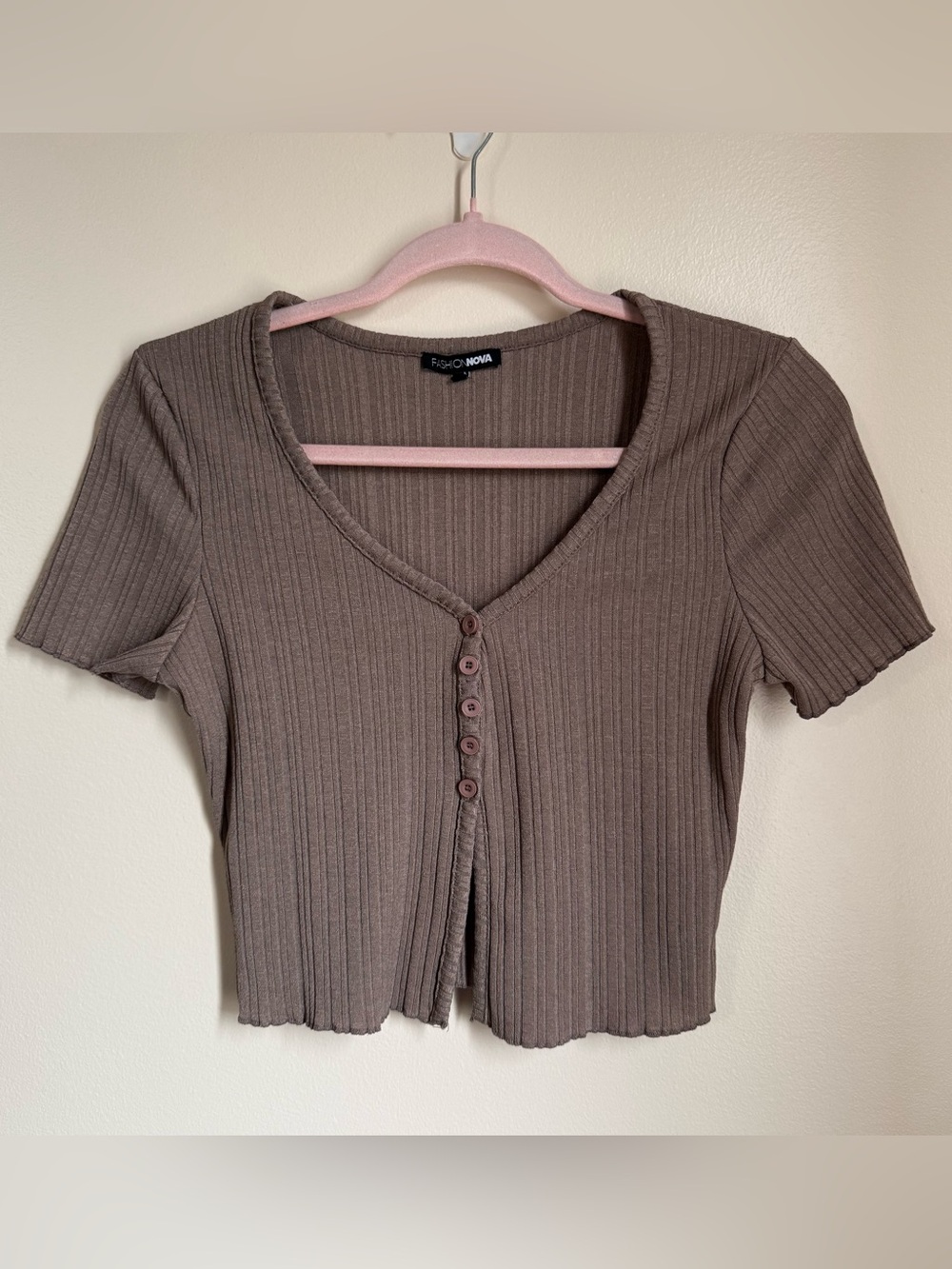 Fashion Nova Cropped Mocha Ribbed Button Front Top Size Small